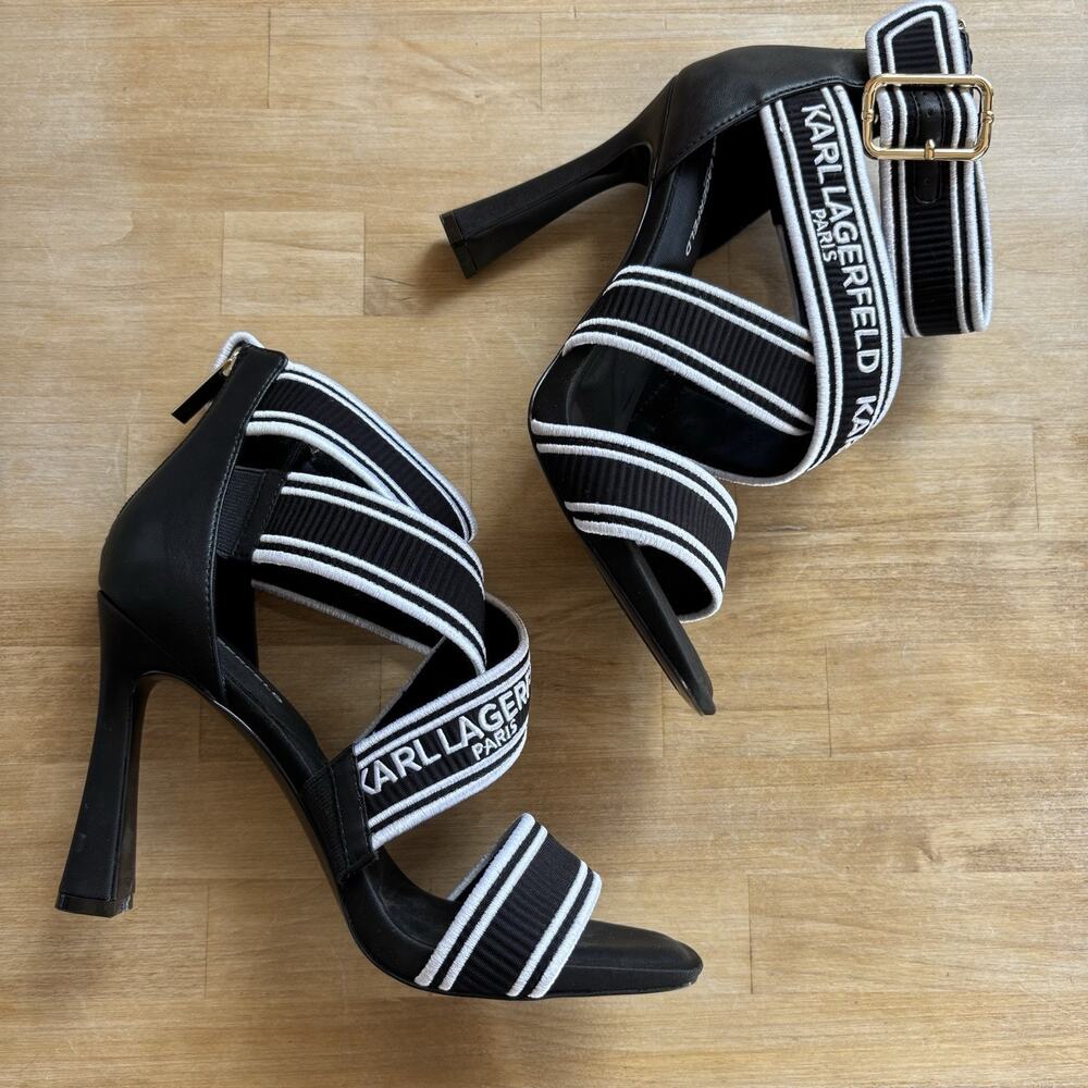 Karl Lagerfeld Paris Black Logo Strap Stiletto Heels 8M Elastic Designer Sandals - Picture 7 of 10